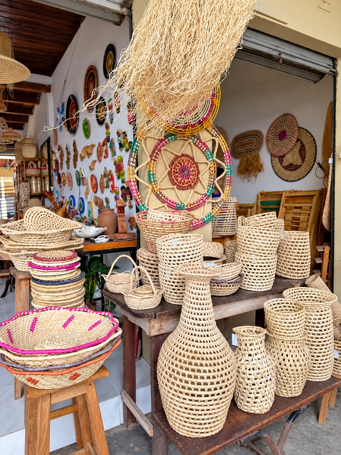 Woven baskets and crafts at a market stall